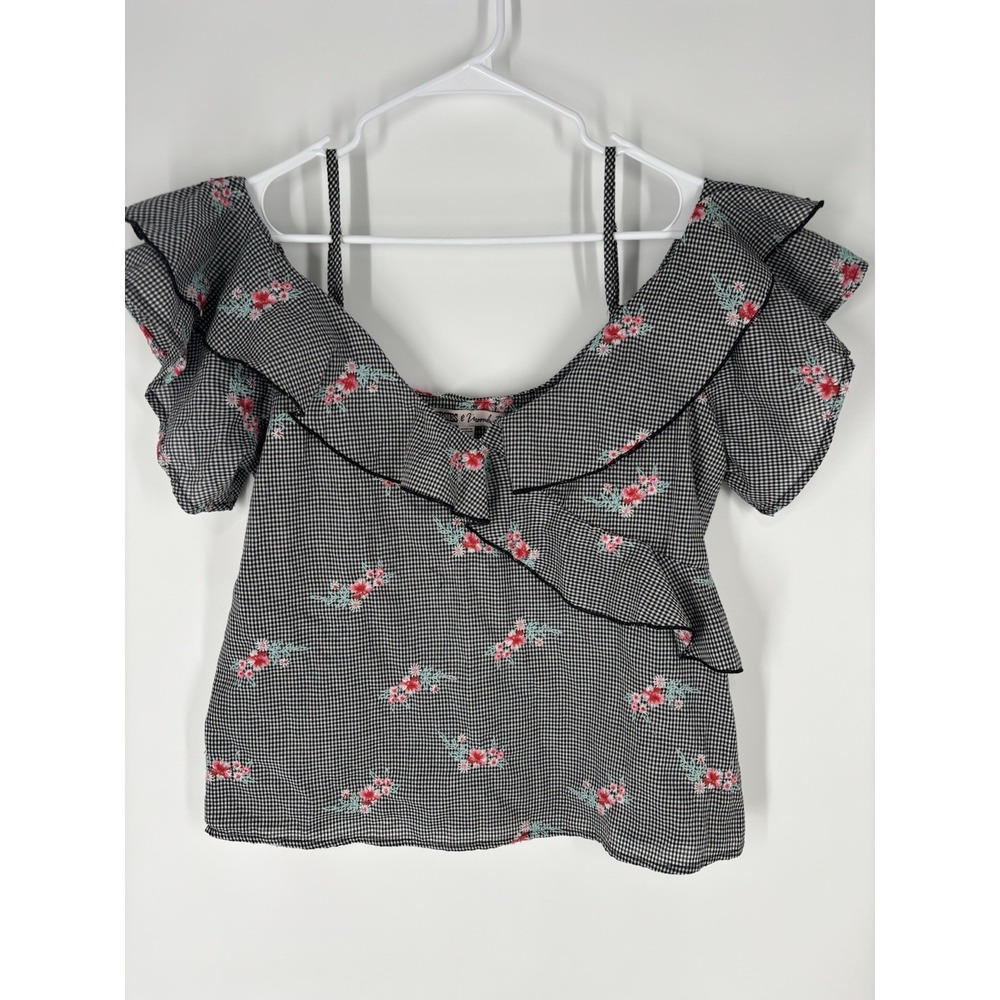 Gingham Embroidered Ruffled Womens Top L Cottage Coquette‎ Cowgirl Boho Peasant